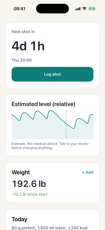Levelog home screen with a next shot countdown, a Log shot button and an estimated level curve